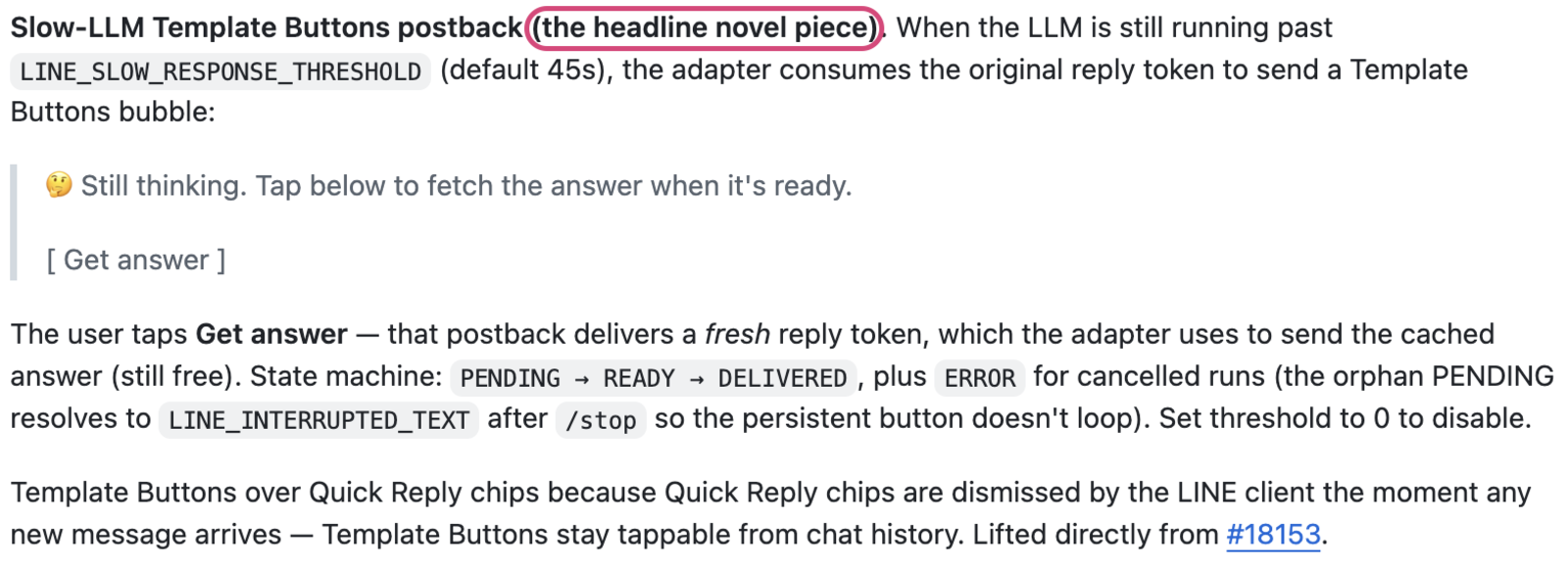Hermes 官方文件截圖：把 Slow-LLM Template Buttons postback 設計稱為「the headline novel piece」，並標明「Lifted directly from #18153」(我的 PR)