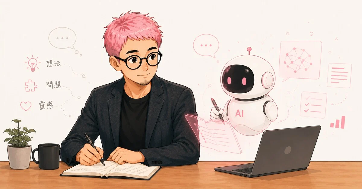 粉紅頭髮主角在書桌前用紙筆寫作,旁邊有一隻白色 AI 機器人協作寫下粉紅色筆記,背景浮現想法、問題、靈感等概念符號