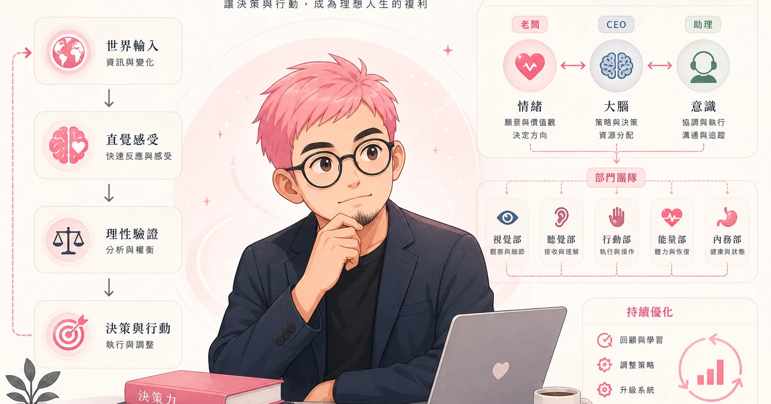 粉紅頭髮主角坐在筆電前,周圍以組織結構與決策流程圖呈現直覺、理性與自我管理的協作關係