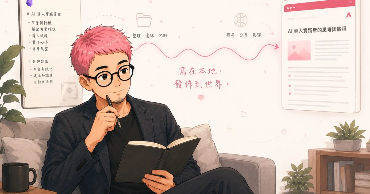 粉紅頭髮主角坐在沙發上拿著筆記本沉思,左側浮現 Obsidian 樣式的結構化筆記,右側是 Astro 樣式的發布網站,中間有粉紅色流線連接,標語「寫在本地,發佈到世界」